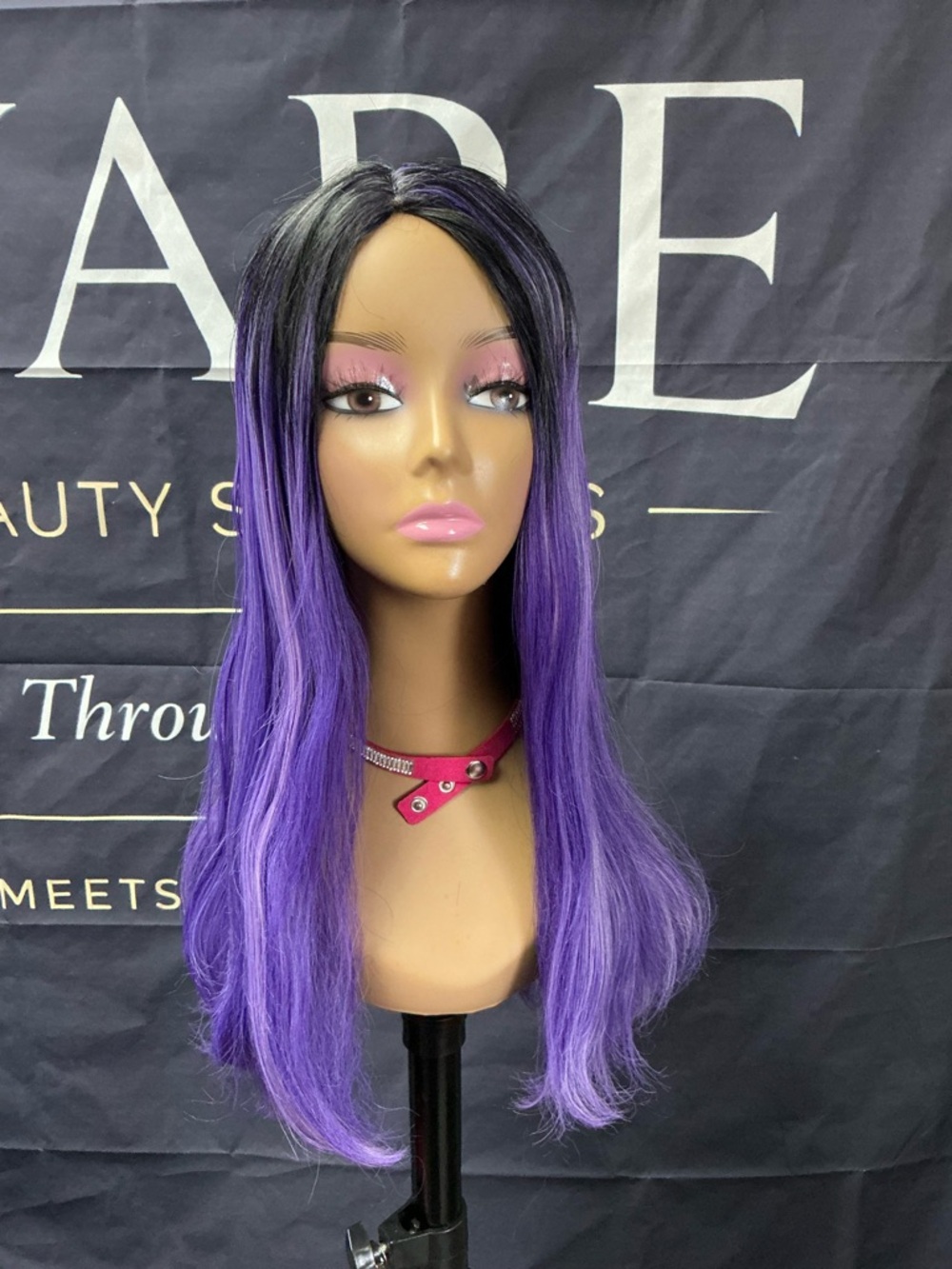 Synthetic Long Straight Wig in Purple with Black Roots - Women Hair
